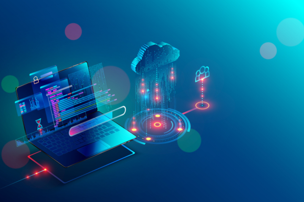 Schematische Darstellung eines Laptops mit vielen Daten , automatisierte Emails erreichen den Nutzer. 